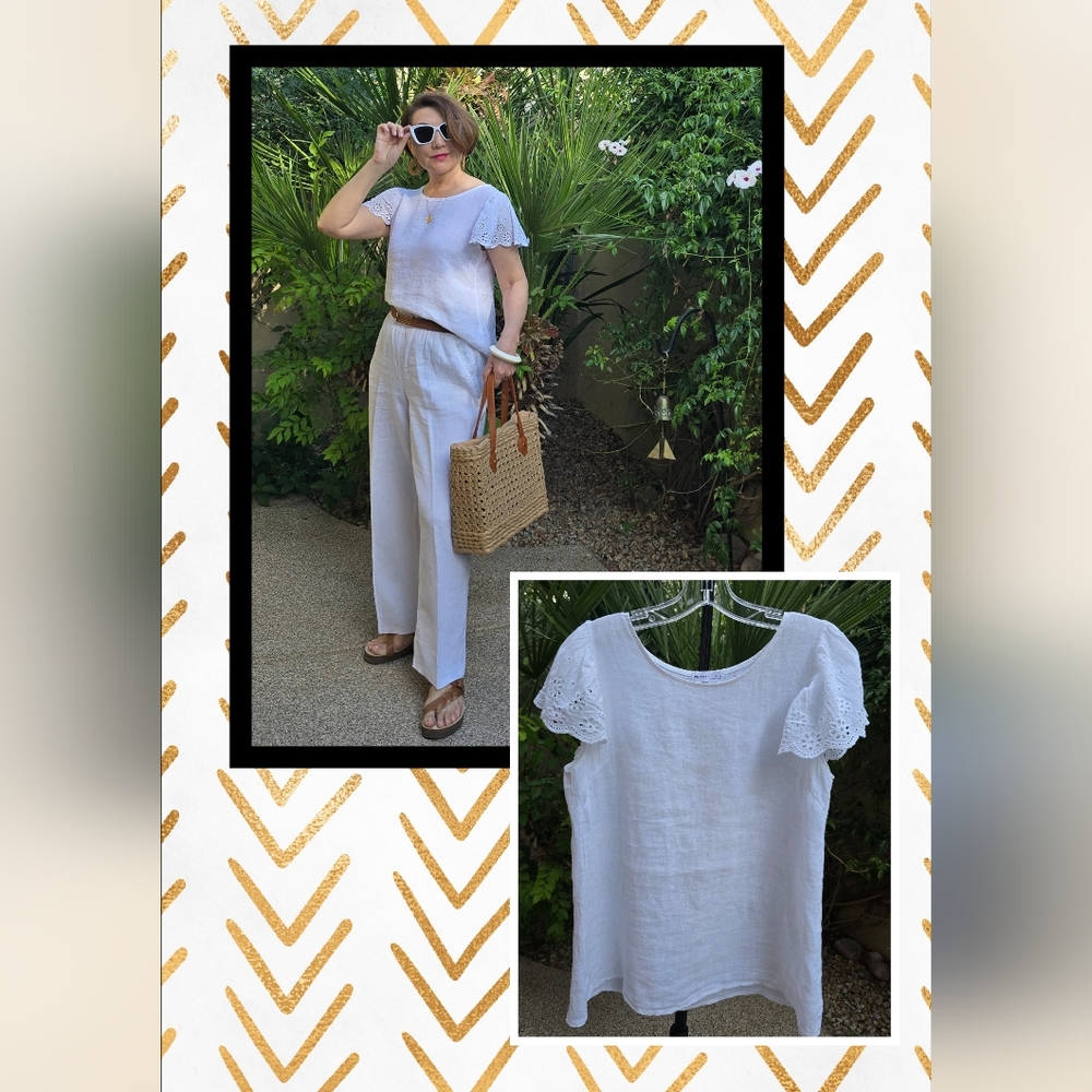 EUC Civico 51 White Relaxed Fit Linen Blouse with Eyelet Flutter Sleeves